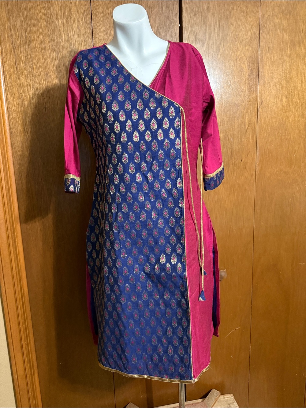 Women’s Pink and Navy Printed Crossover Kurti Dress